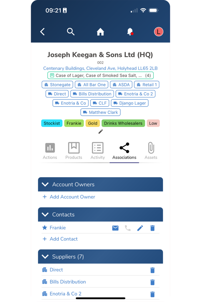 Manage Contacts feature in Bowimi, Joseph Keegan & Sons Ltd with suppliers and tags listed beneath