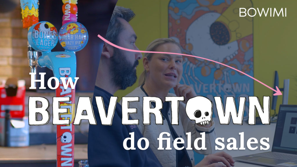 An arrow pointing from a Beavertown tap to a Bowimi account manager and Beavertown field sales manager looking at insights on a laptop