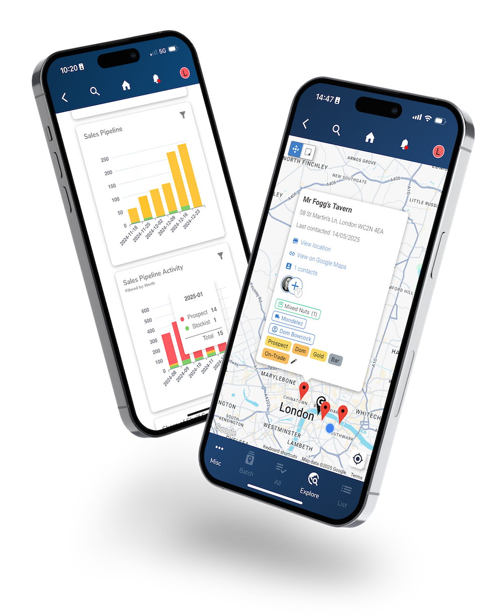 Bowimi field sales software displayed on two mobiles including insights and prospecting