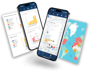 Bowimi field sales software displayed on two mobiles including insights and prospecting