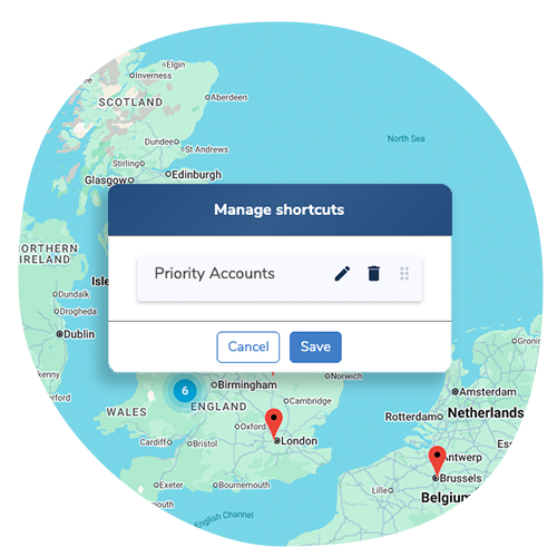 hovering 'priority accounts' shortcut tile over map of the UK and Europe