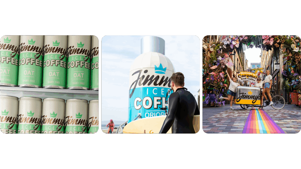 3 images of Jimmy's in fridges, a big pop-up at the beach, and a Jimmy's salted caramel cart activation
