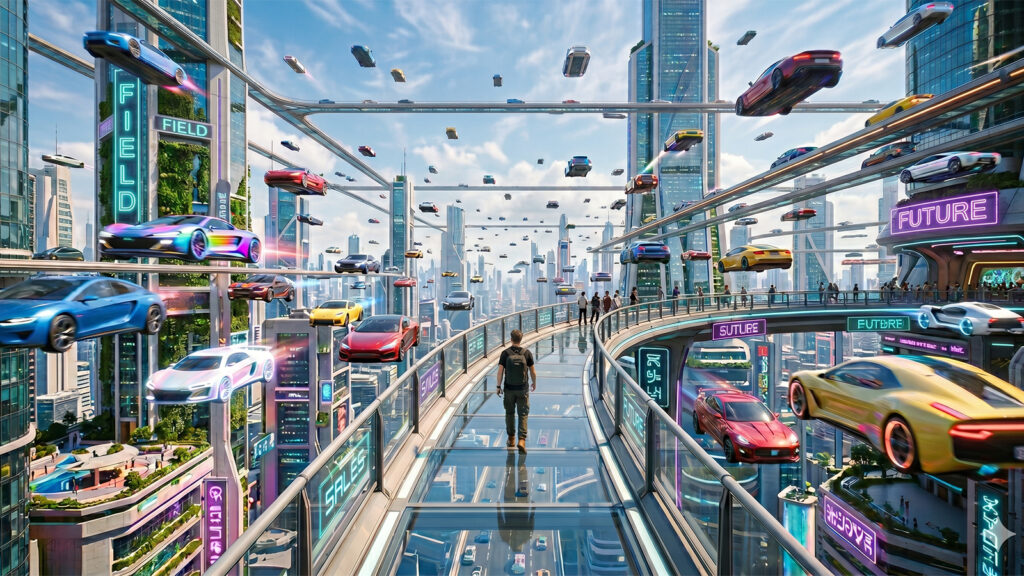 Future of field sales: A 21st century field rep standing on a bridge surrounded by flying cars