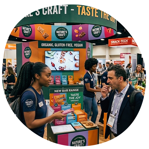 woman giving sample to prospect at trade show