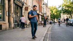 Field rep looking at Bowimi on the go outside a cafe