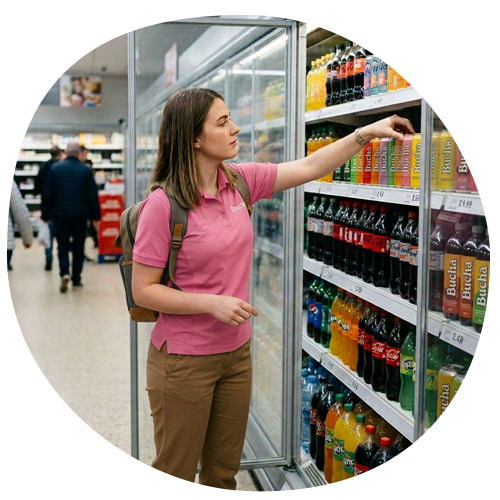 Rep adjusting drink positioning in grocery store